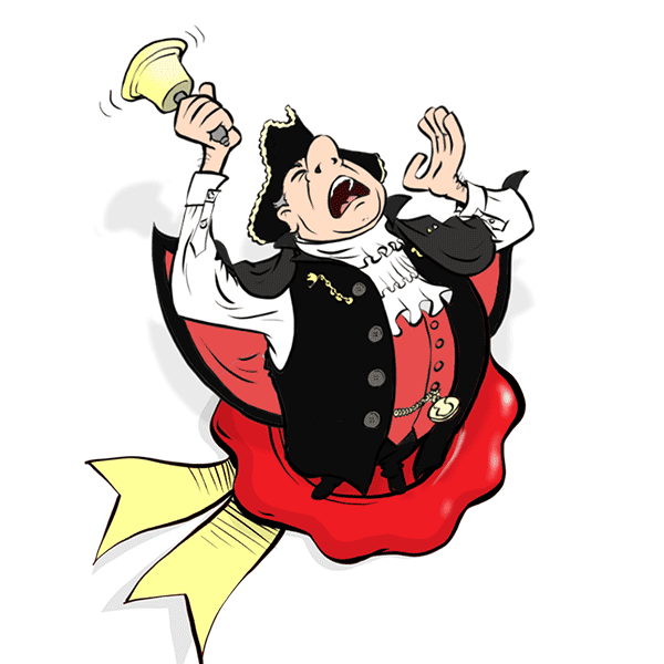 Cartoon of Toastmaster acting as Town Crier for Dorking